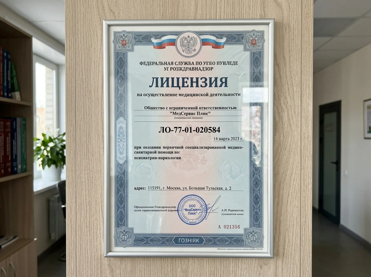 Медицинская лицензия Росздравнадзора на осуществление наркологической деятельности, выданная ООО МедСервис Плюс, официальный бланк с номером ЛО-77-01