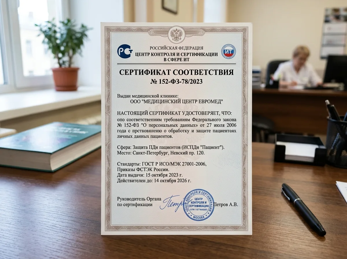 Сертификат соответствия защиты персональных данных пациентов в медицинской клинике, документ с подписью и печатью по закону 152-ФЗ