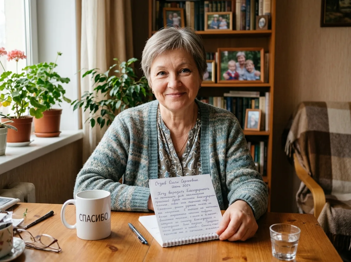 Фото отзыва Ольги Сергеевны, женщина около 55 лет, благодарный взгляд, домашняя обстановка